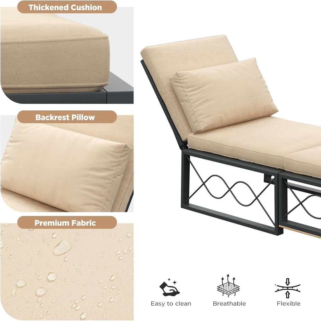 YODOLLA Outdoor Metal Chaise Lounge Adjustable Chair Set of 2 with 1 Side Table
