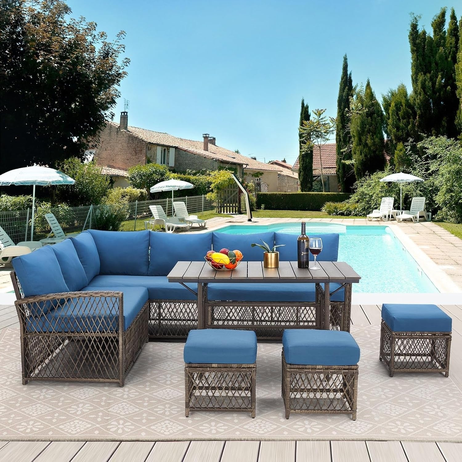 YODOLLA 7 Pieces Wicker Conversation Set with Ottoman Patio Furniture Set, Blue
