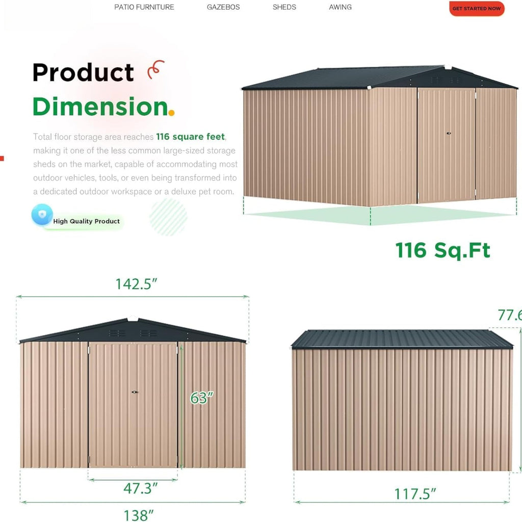 YODOLLA Shed 12' x 10' Outdoor Storage Shed, Grey