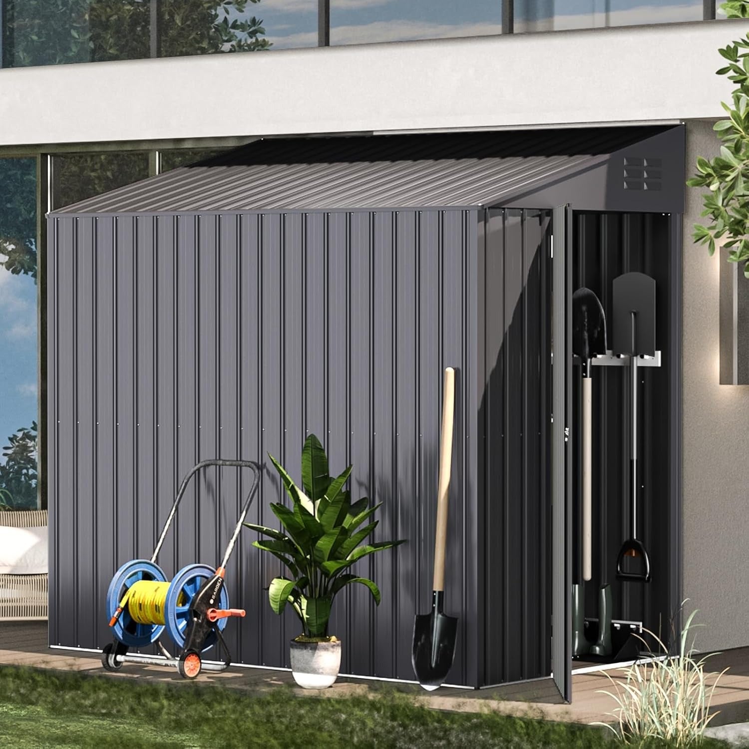 YODOLLA 4' x 7' Outdoor Lean to Storage Shed, Dark Grey