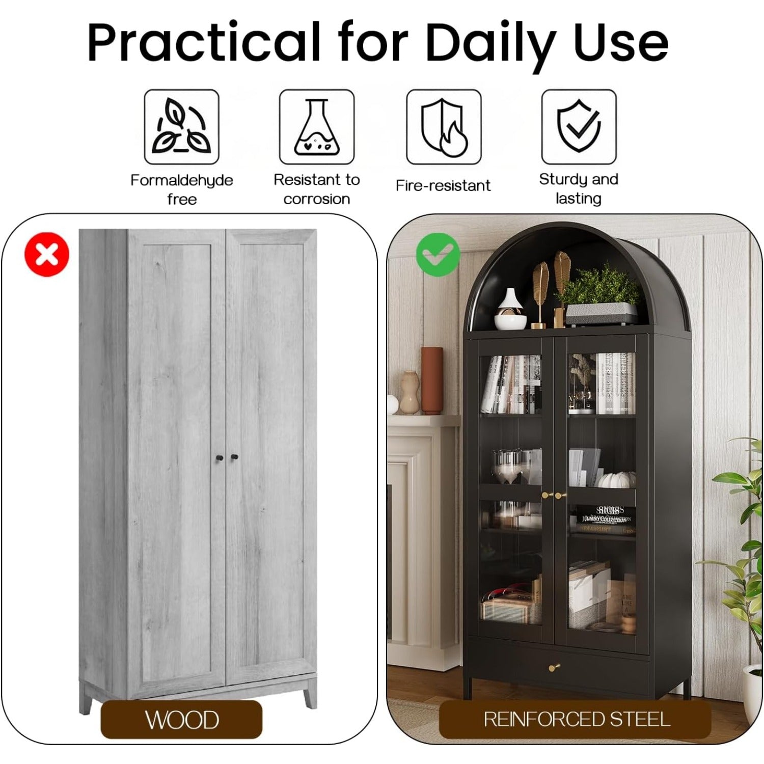 YODOLLA 73'' Kitchen Pantry, Metal Arched Storage Cabinet, Modern Display Bookcase China Cabinetbest