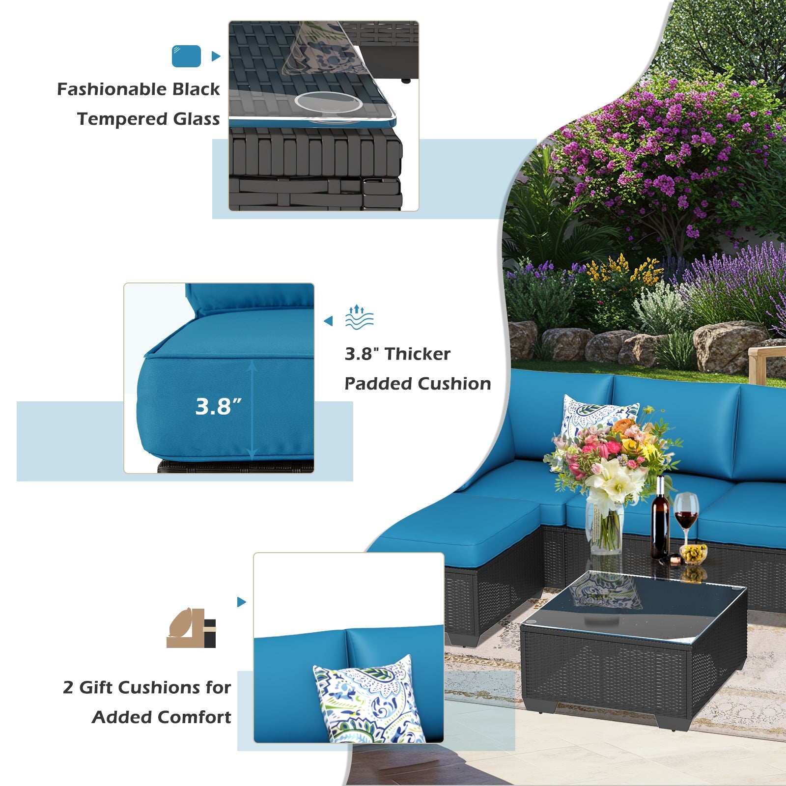 YODOLLA 7 Piece Outdoor Patio Furniture Set, Black & Peacok Bluebest