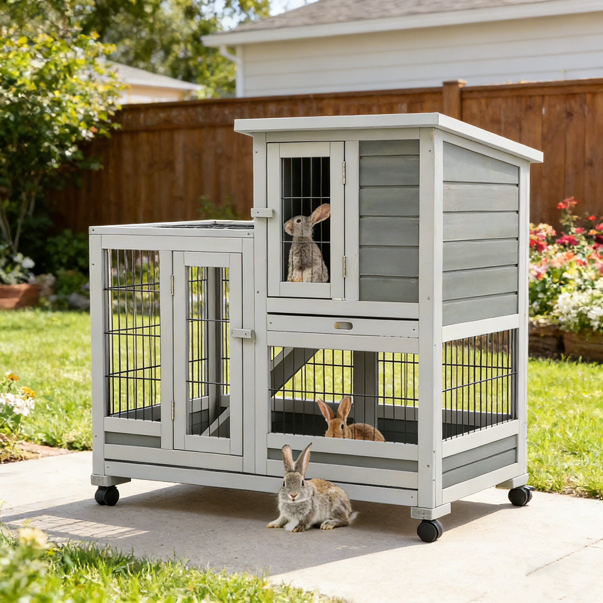 YODOLLA 37" Rabbit Cage with Wheels, Gray