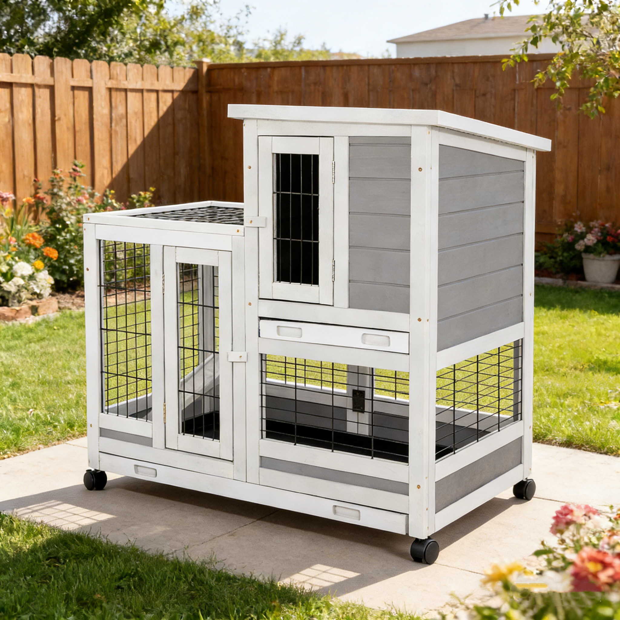 YODOLLA 37" Rabbit Cage with Wheels, Gray