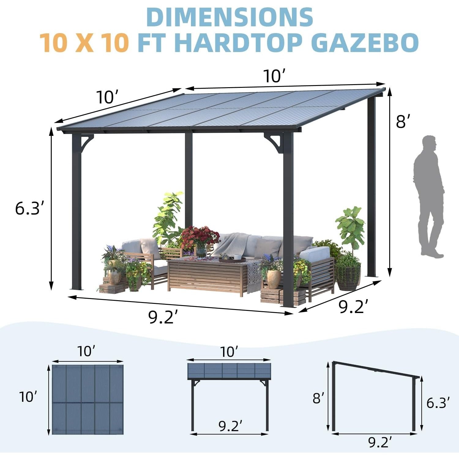YODOLLA 10’ x 10’ Gazebo, Wall Mounted Gazebos Pergola, Enhanced Protective Outdoor Patio Lean to Gazebo Awnings for Deck, Porch, Backyard and More