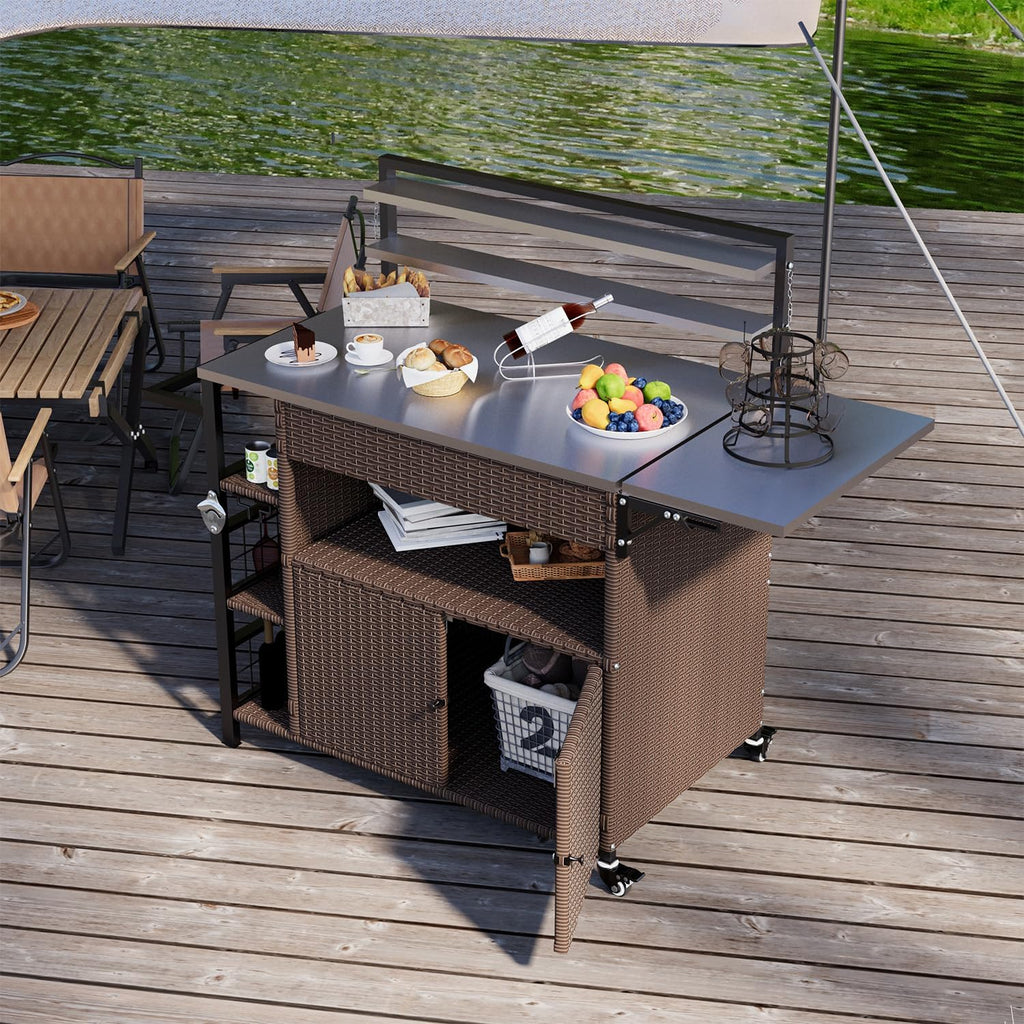 YODOLLA Outdoor Bar Cart with Rattan Storage Cabinet, Brownbest