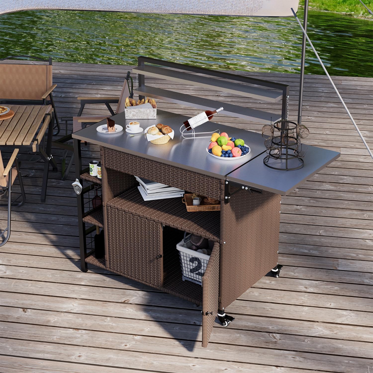 YODOLLA Outdoor Bar Cart with Rattan Storage Cabinet, Brownbest