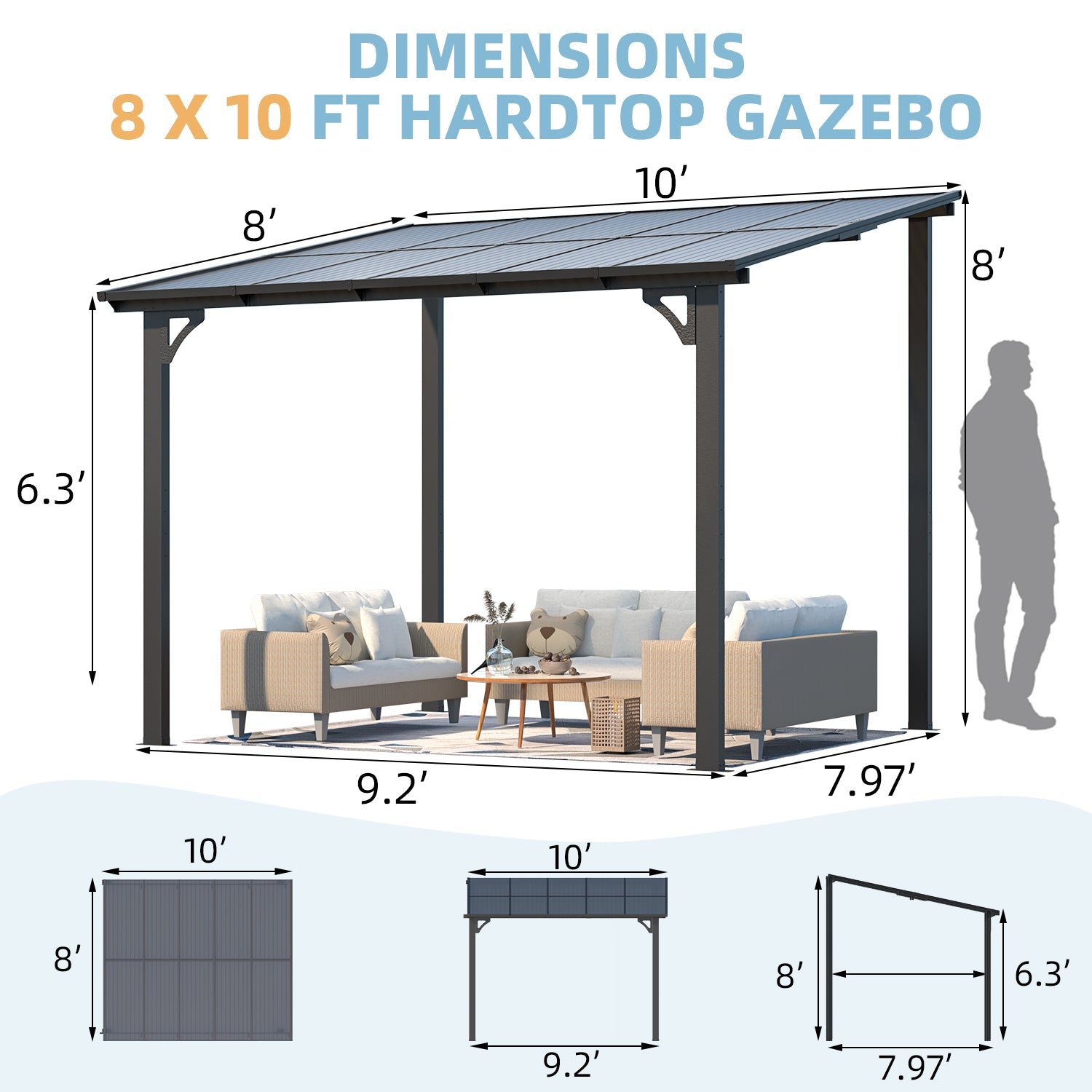YODOLLA 10' x 8' Lean to Gazebo Pergola for Patio, Dark Grey