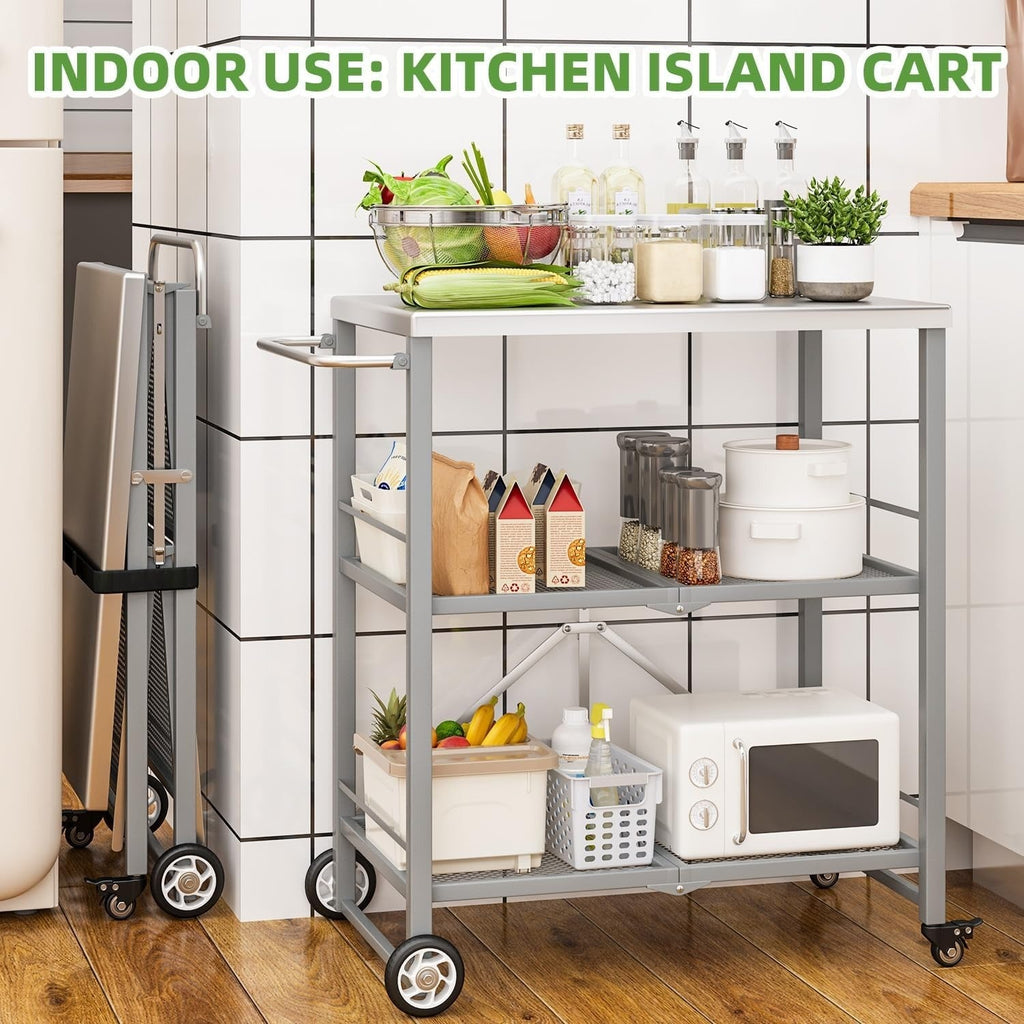 YODOLLA Foldable Stainless Steel Grill Cart Table with Wheels, Gray