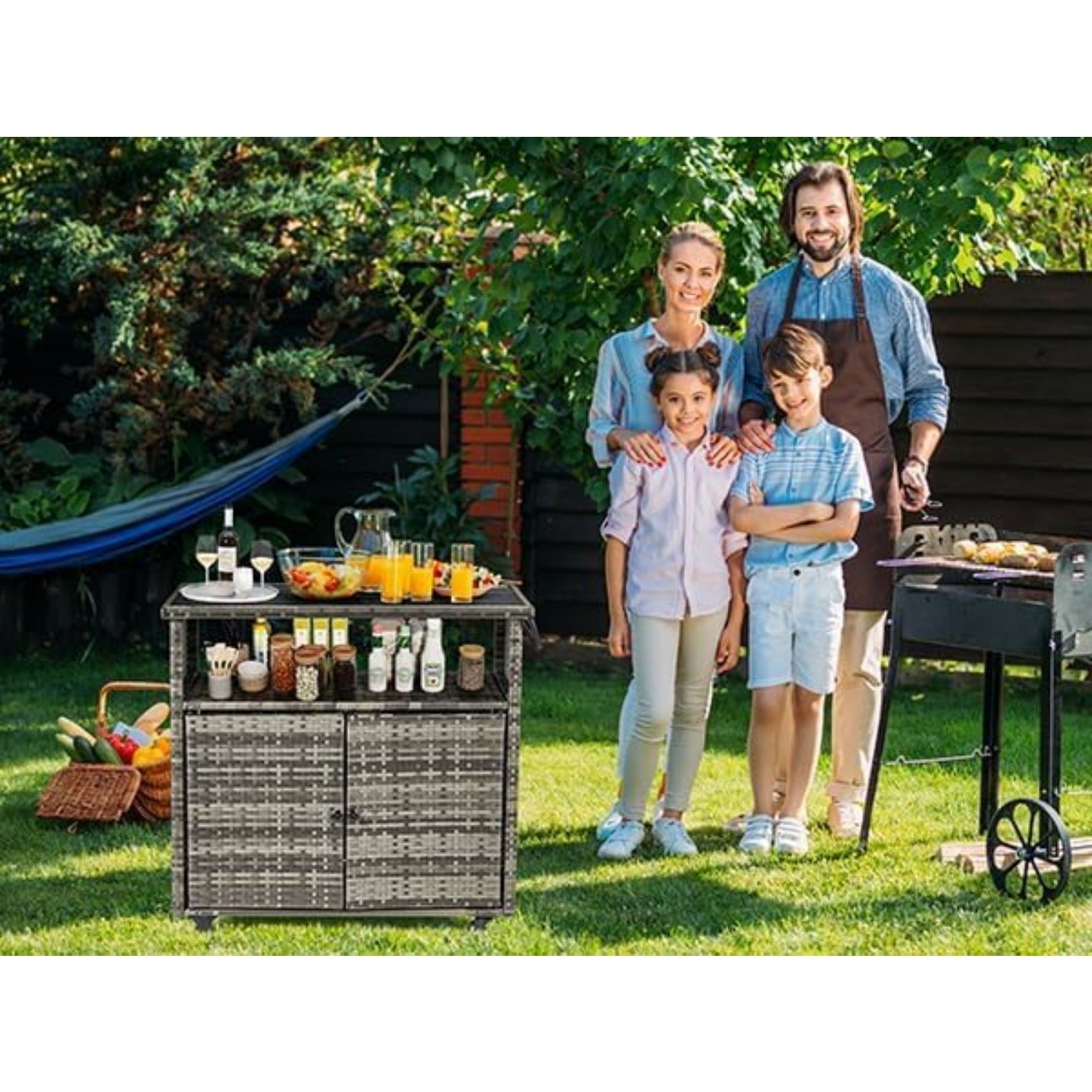 YODOLLA Outdoor Bar Cart with Storage Cabinet, Rattan Bar Table on Wheelsbest