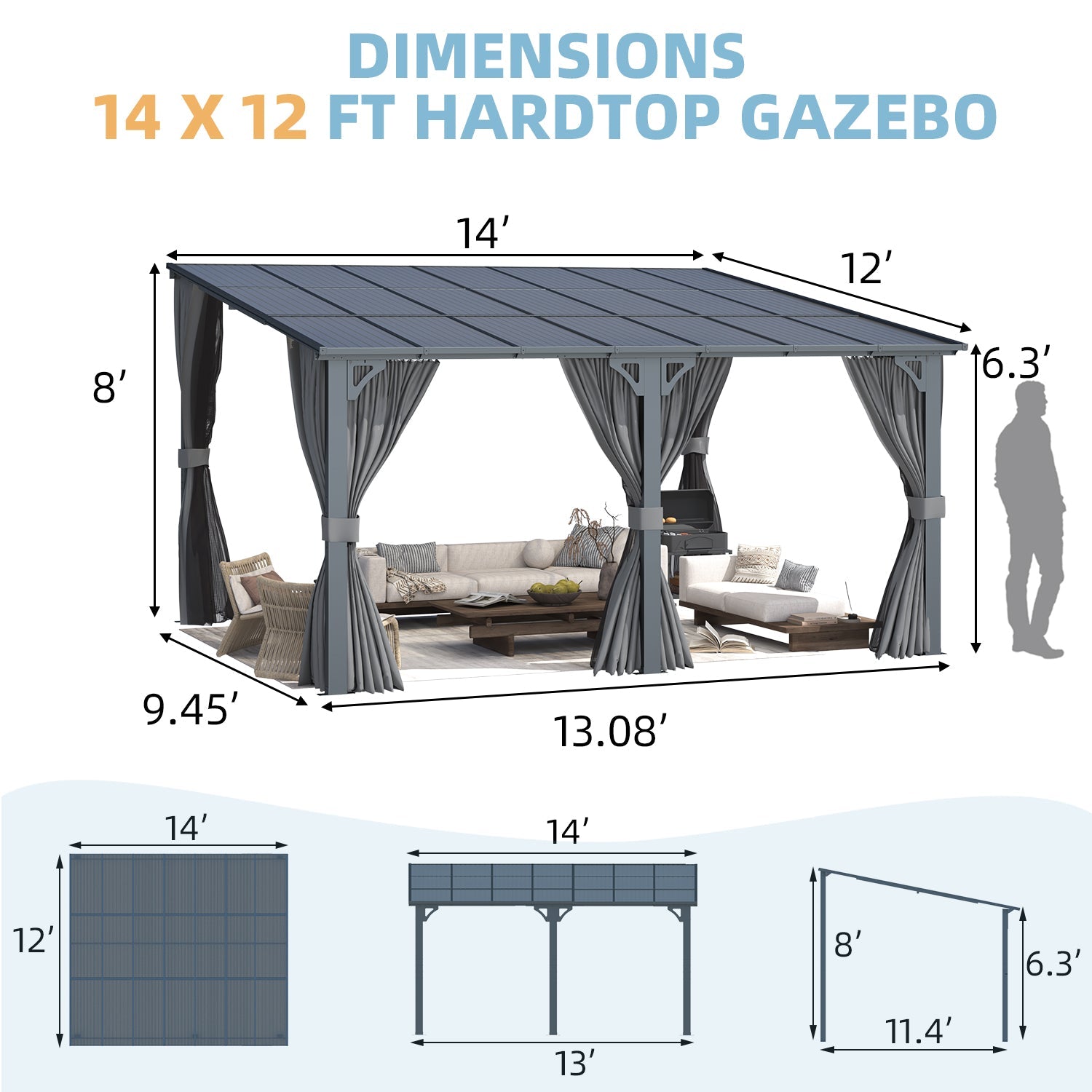 YODOLLA 14' x 12' Gazebo Outdoor Pergola with Curtains and Netting