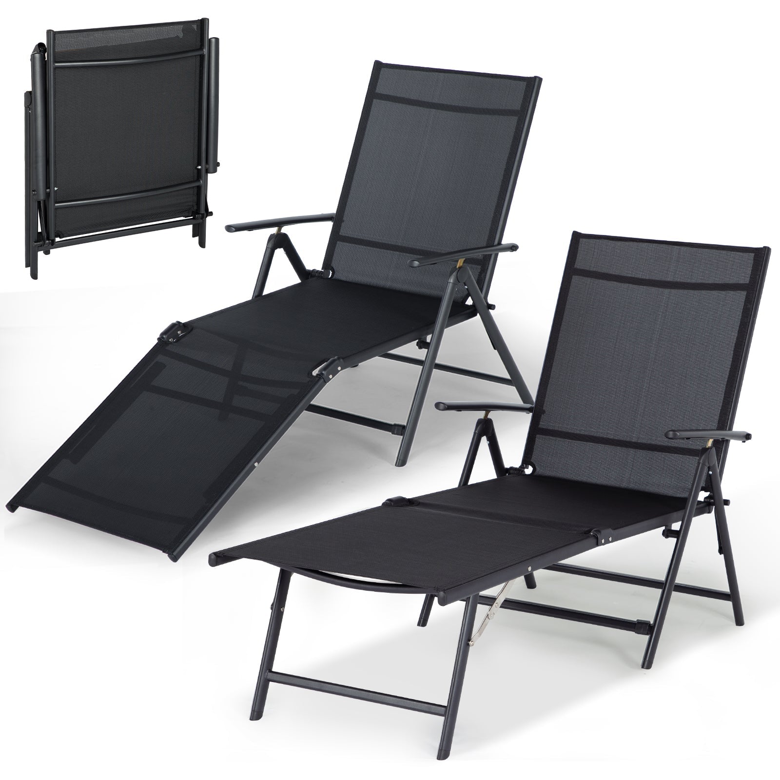 YODOLLA 7 Back & 2 Leg Adjustable Outdoor Chaise Lounge Chair Set of 2, Black