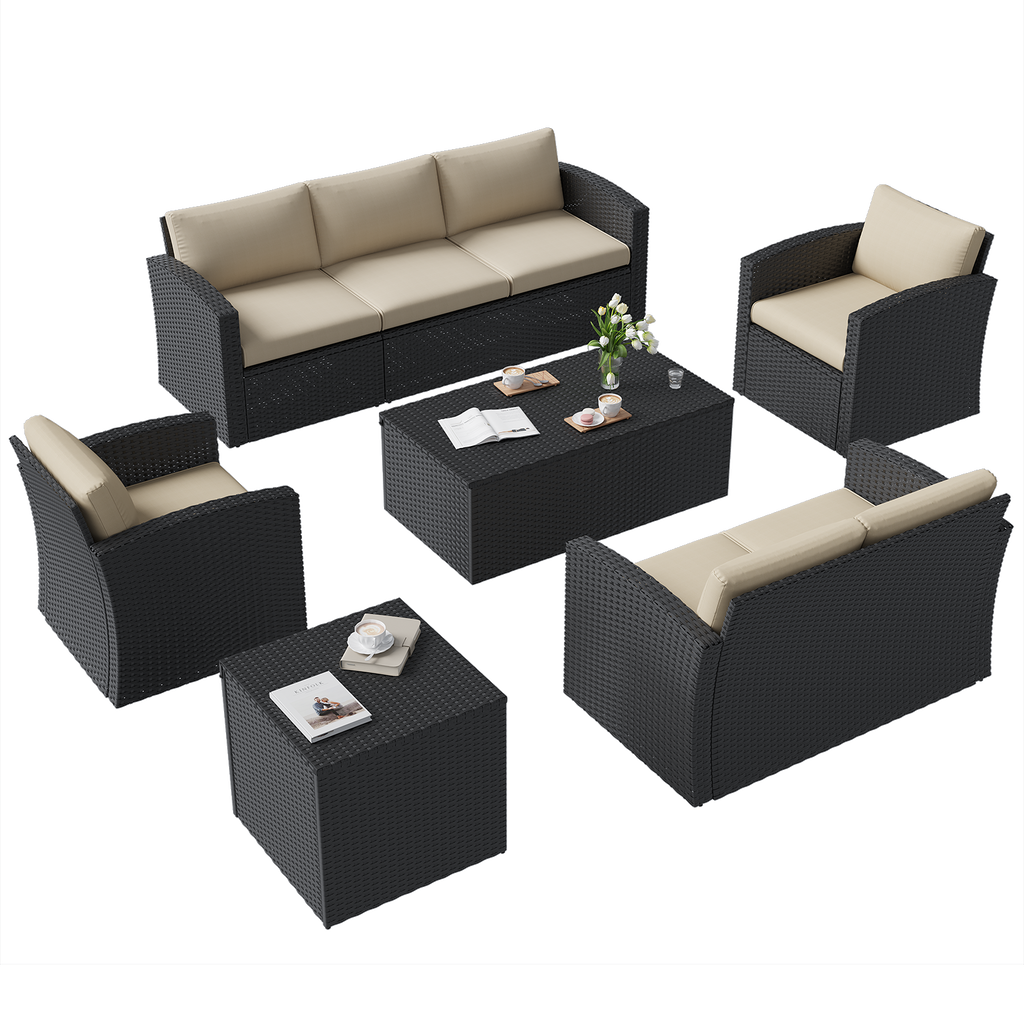 YODOLLA 7 PCS Outdoor Patio Furniture Sets with 2 Storage Boxes, Black & Beigebest
