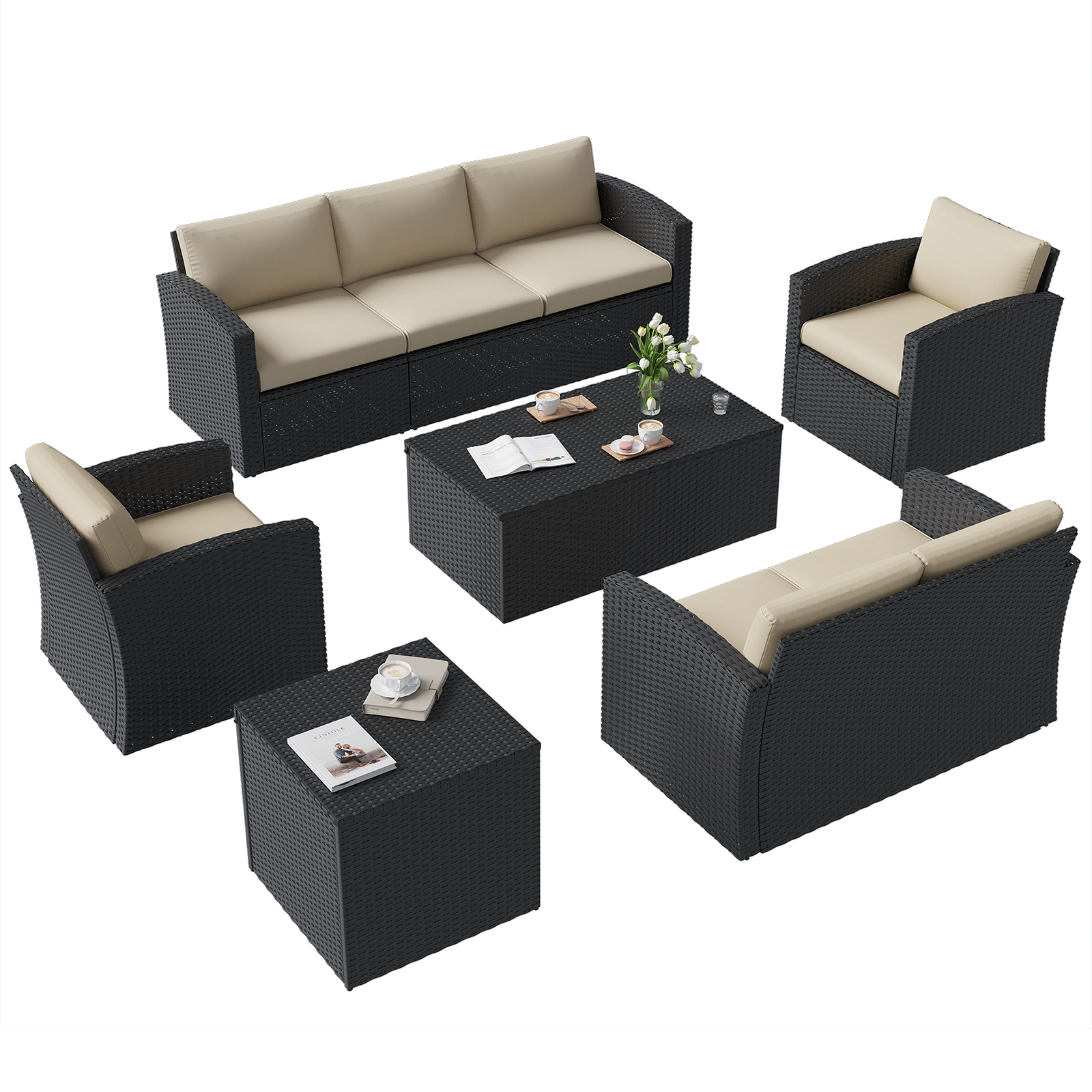 YODOLLA 7 PCS Outdoor Patio Furniture Sets with 2 Storage Boxes, Black & Beigebest