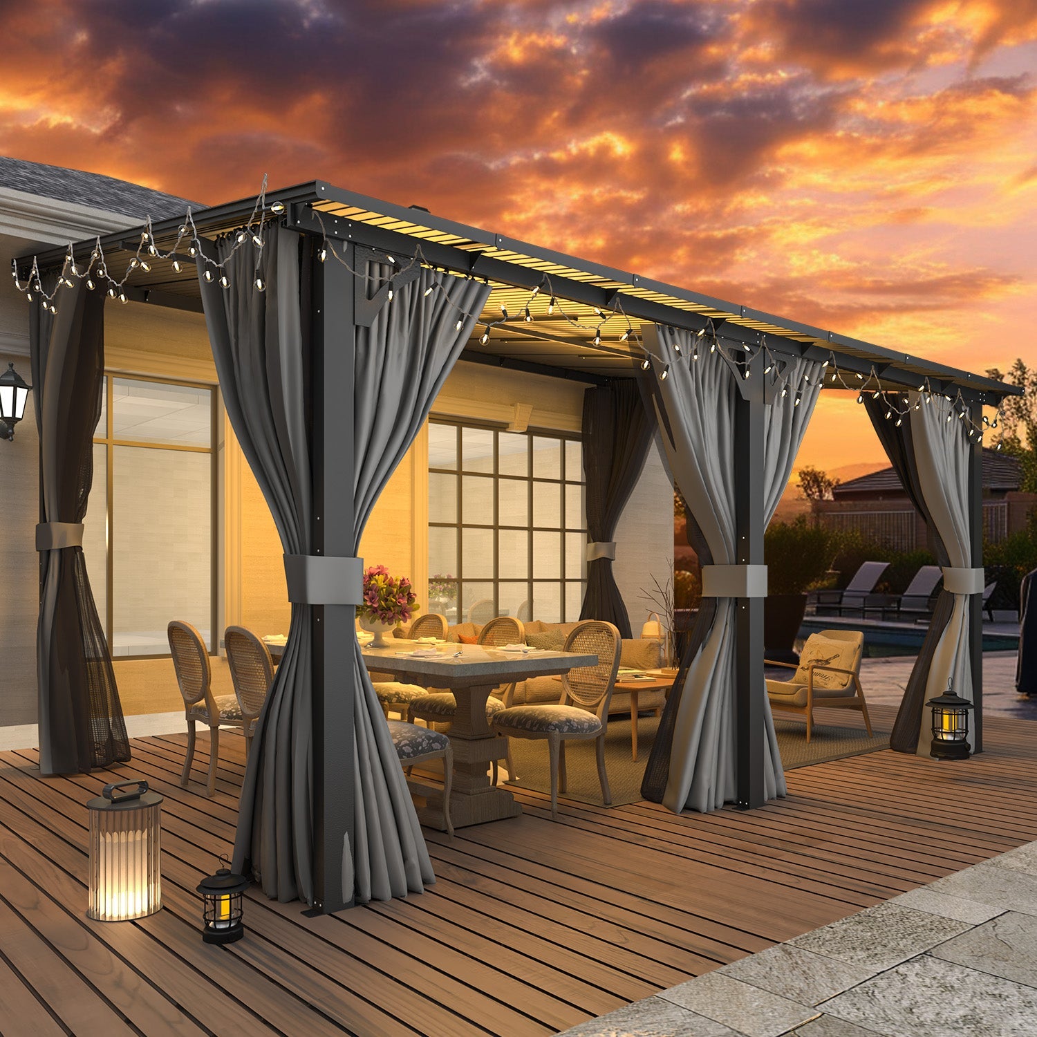 YODOLLA 14’ x 10’ Wall-Mounted Lean to Pergola Gazebo with Curtains and Netting