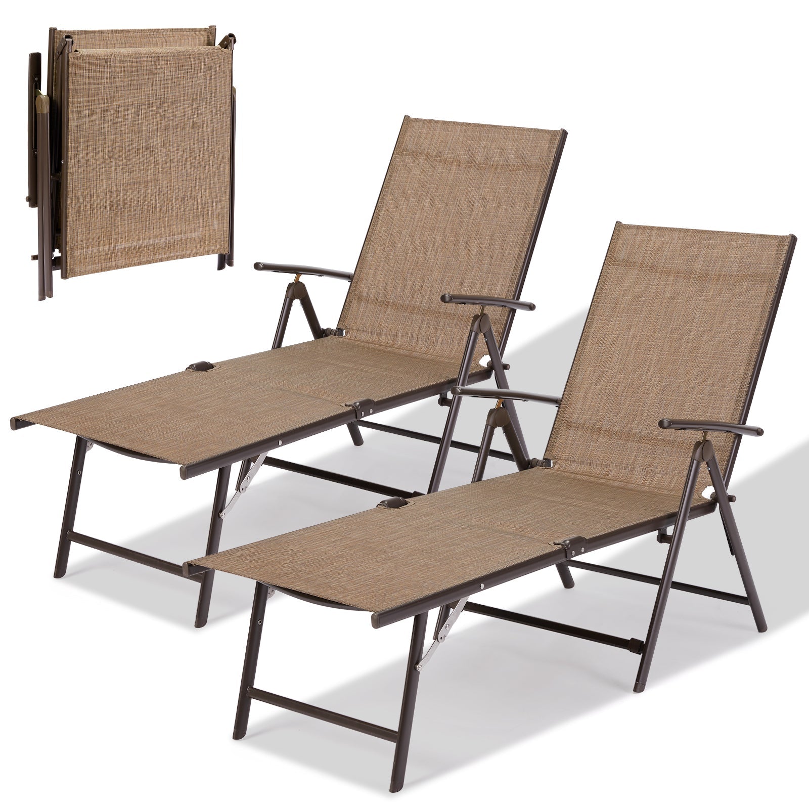 YODOLLA 7 Back & 2 Leg Adjustable Outdoor Chaise Lounge Chair Set of 2, Brown