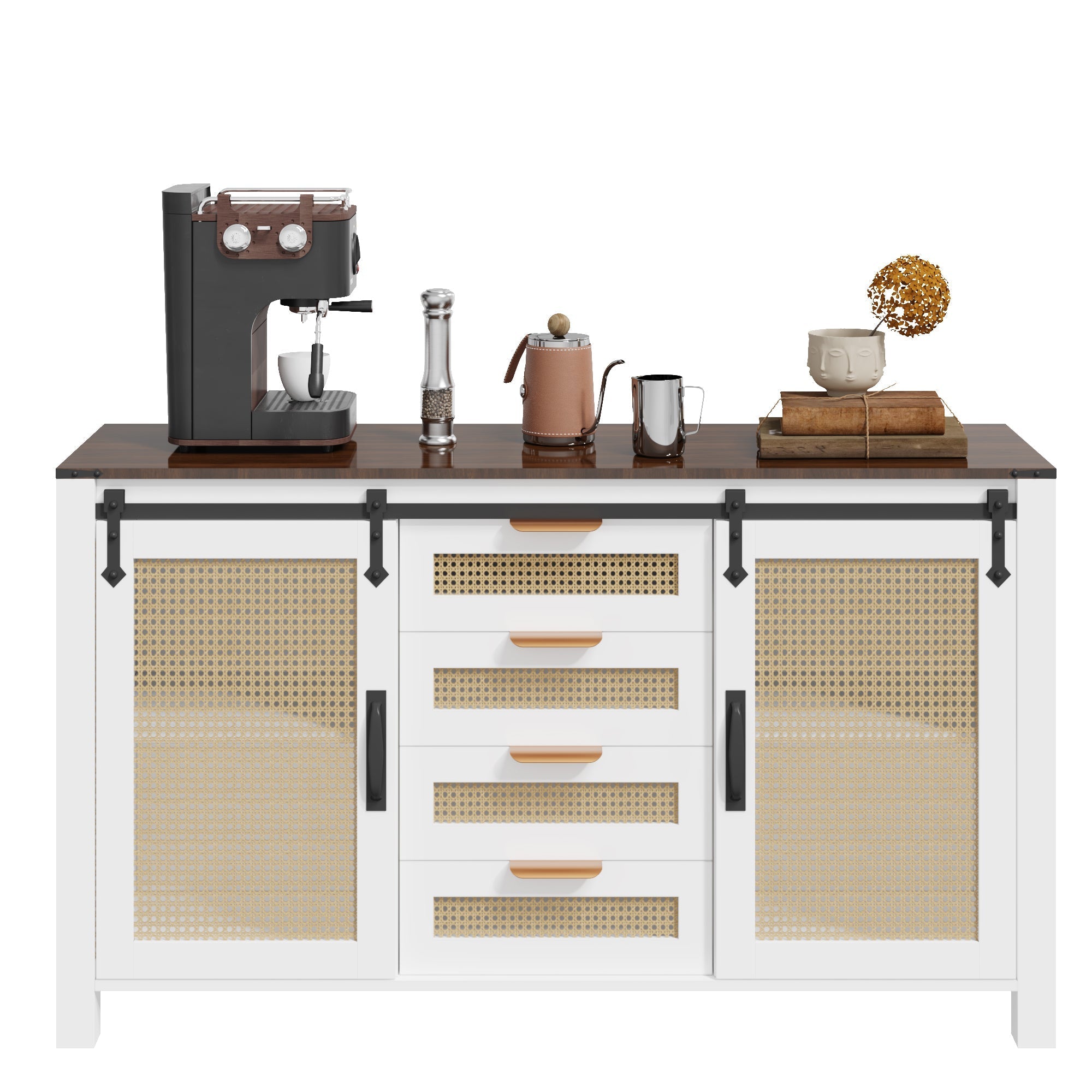 YODOLLA Farmhouse Sideboard Buffet Cabinet with Storage, Rattan Kitchen Cabinet w/Sliding Barn Doors & 4 Drawers