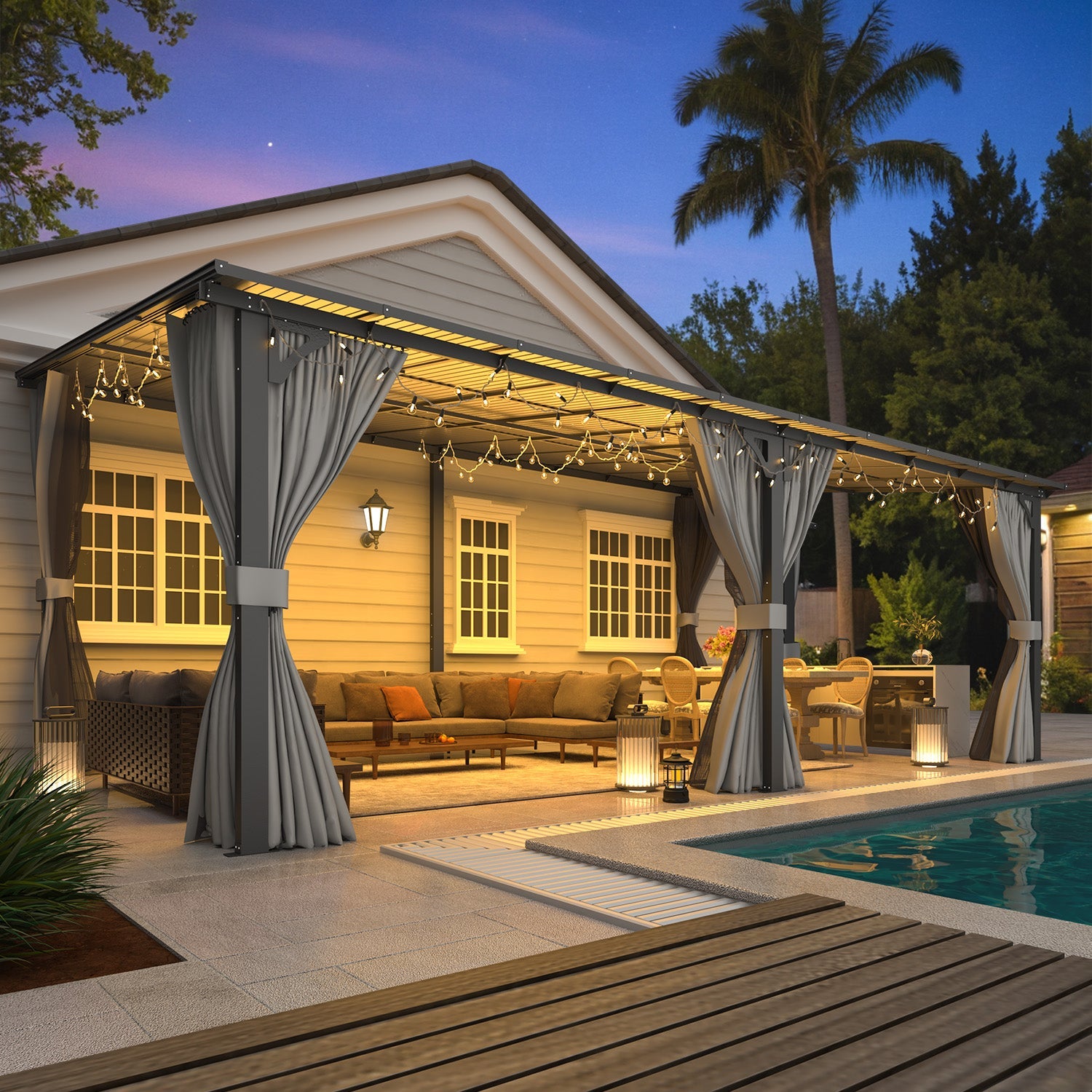 YODOLLA 20’ x 12’ Wall-Mounted Lean to Pergola Gazebo with Curtains and Nettingbest