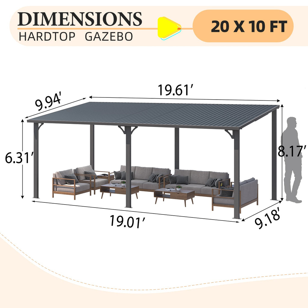 YODOLLA 20' x 10' Outdoor Hardtop Metal Gazebo for Patio