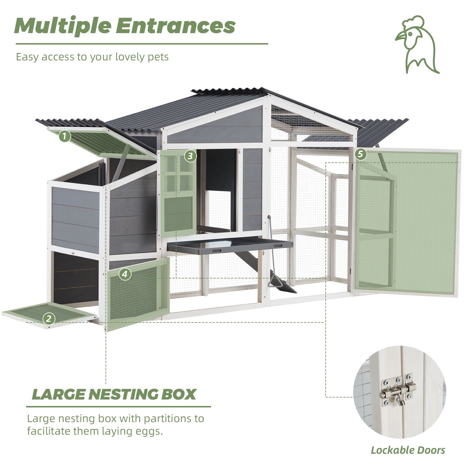 YODOLLA 81” Large Chicken Coop Wooden Hen House Poultry Cage, Grey & White