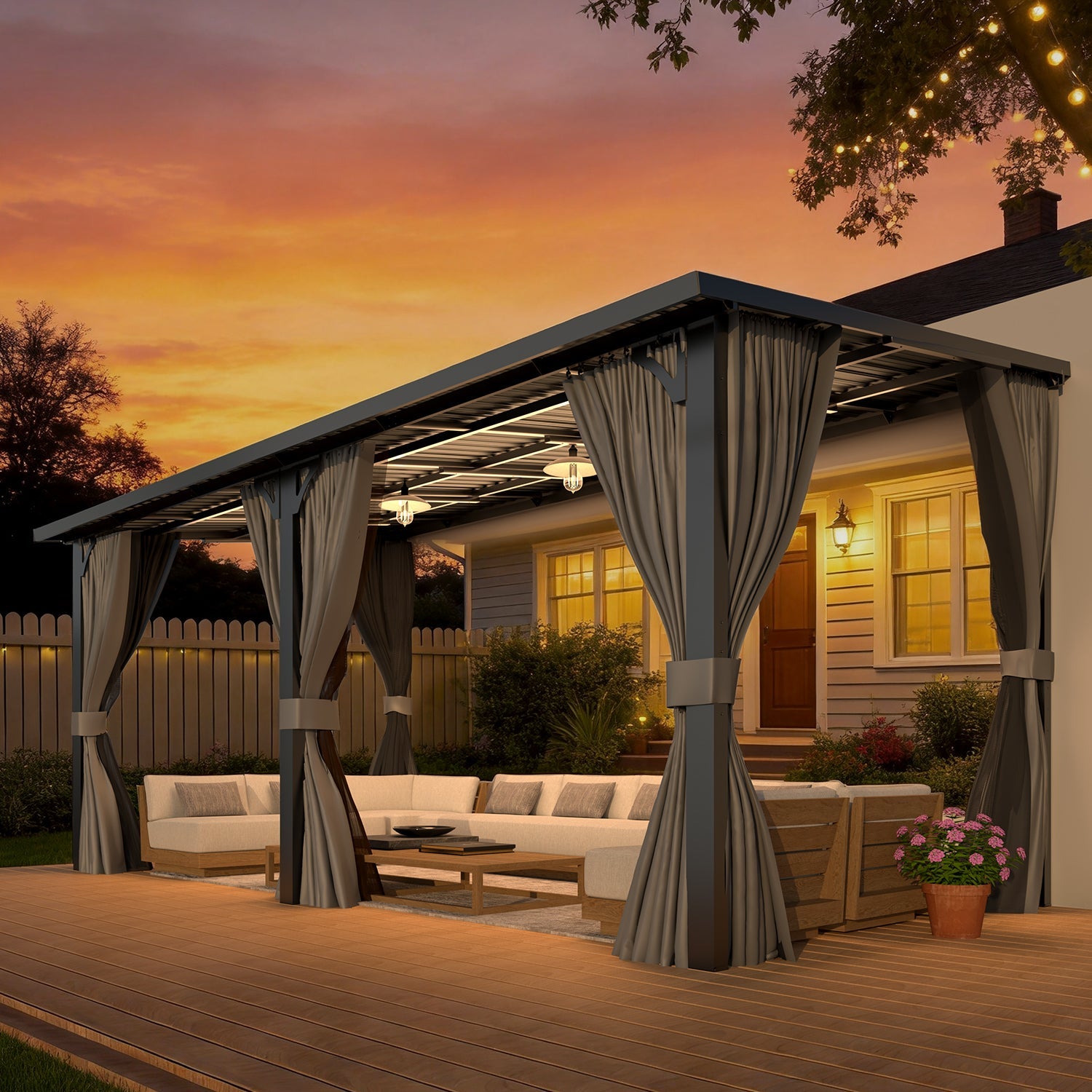 YODOLLA 16'x8' Outdoor Hardtop Metal Gazebo with Curtain and Netting