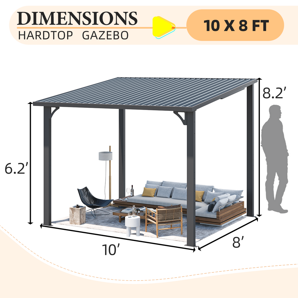 YODOLLA 10'x8' Pergola Hardtop Outdoor Gazebo for Patio, Small Heavy Duty Lean to Metal Pergolas, Galvanized Steel Gazebos Clearance