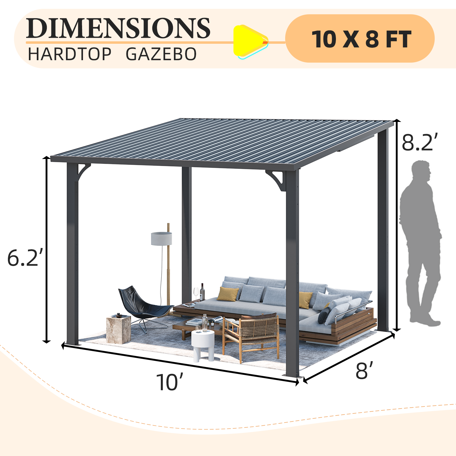 YODOLLA 10'x8' Pergola Hardtop Outdoor Gazebo for Patio, Small Heavy Duty Lean to Metal Pergolas, Galvanized Steel Gazebos Clearance