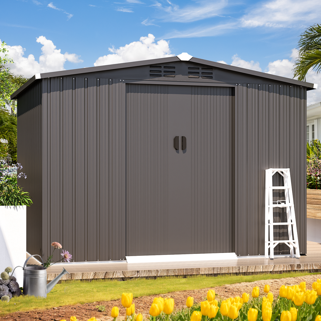YODOLLA 8x6 Woodgrain Outdoor Storage Shed, Dark Grey