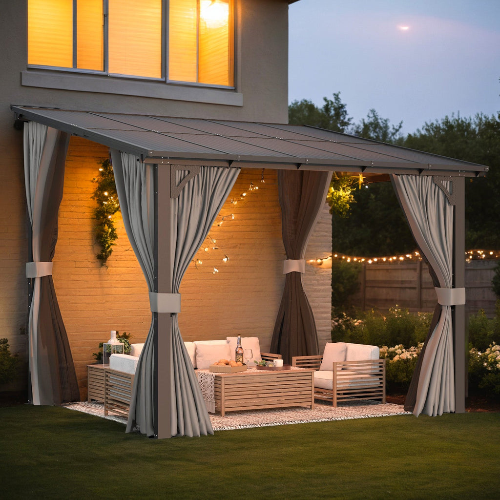 YODOLLA 10' X 8' Small Wall-Mounted Lean to Pergola Gazebo with Curtains and Netting
