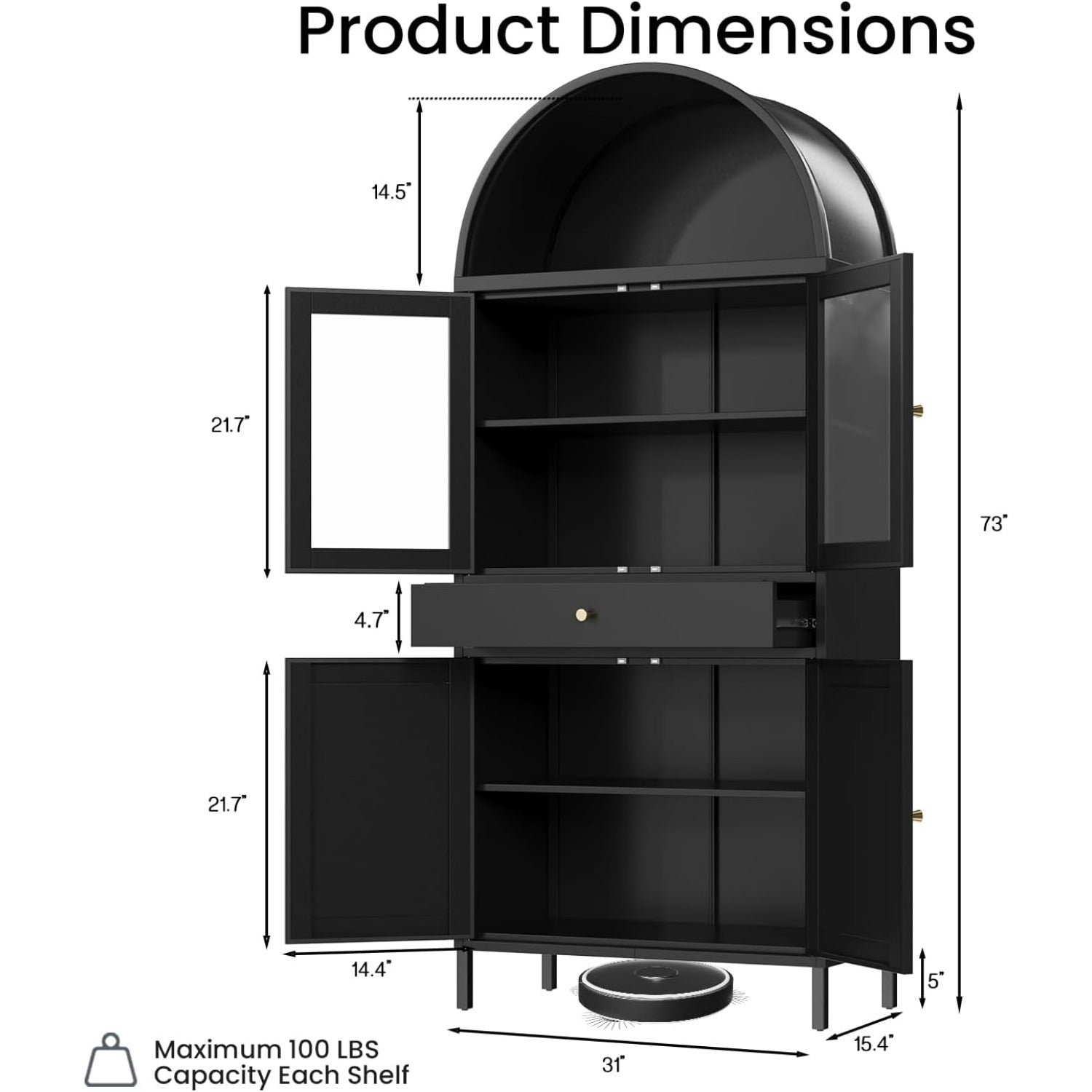 YODOLLA 73'' Kitchen Pantry, Metal Arched Storage Cabinet with Glass Doors/Adjustable Shelfs/Drawerbest
