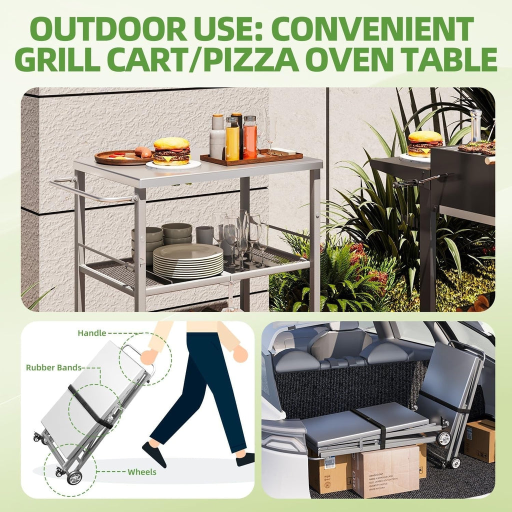 YODOLLA Foldable Stainless Steel Grill Cart Table with Wheels, Gray