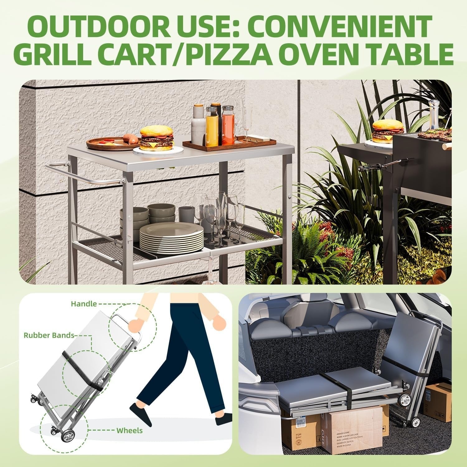 YODOLLA Foldable Stainless Steel Grill Cart Table with Wheels, Gray