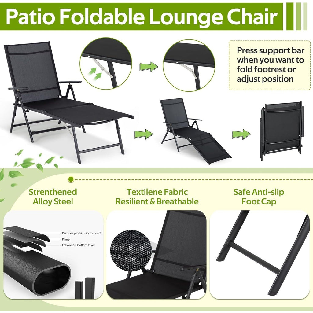 YODOLLA 7 Back & 2 Leg Adjustable Outdoor Chaise Lounge Chair Set of 2, Black