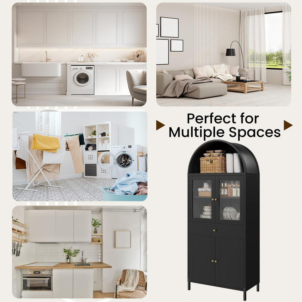 YODOLLA 73'' Kitchen Pantry, Metal Arched Storage Cabinet with Glass Doors/Adjustable Shelfs/Drawerbest