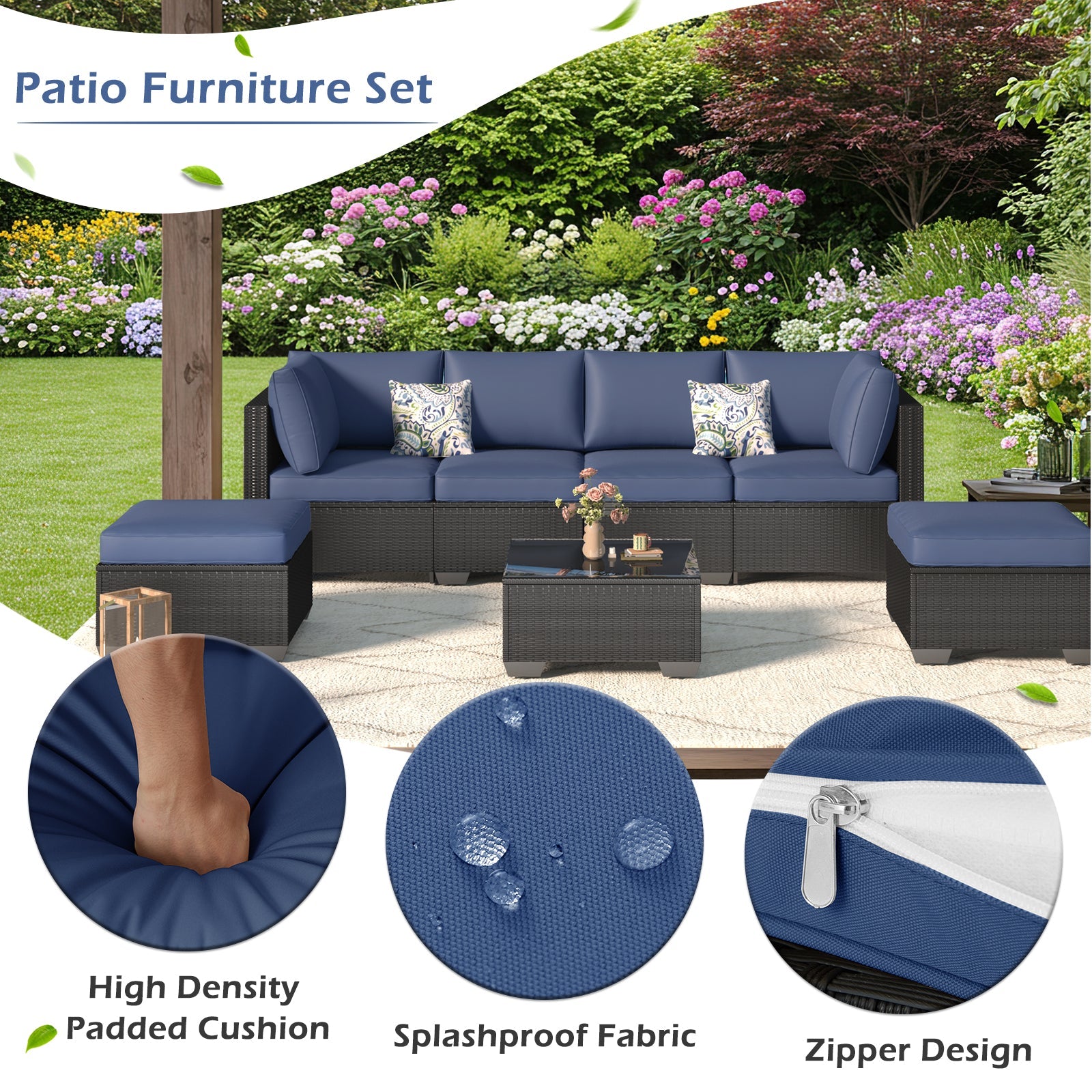 YODOLLA 7 Piece Outdoor Patio Furniture Set, Black & Dark Blue