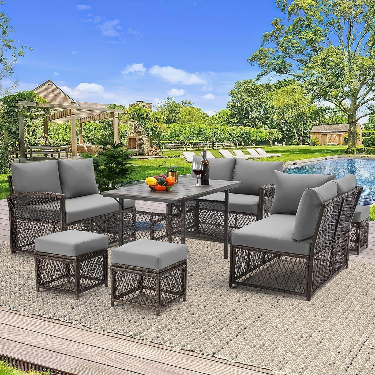 YODOLLA 7 Pieces Wicker Conversation Set with Ottoman Patio Furniture Set, Grey