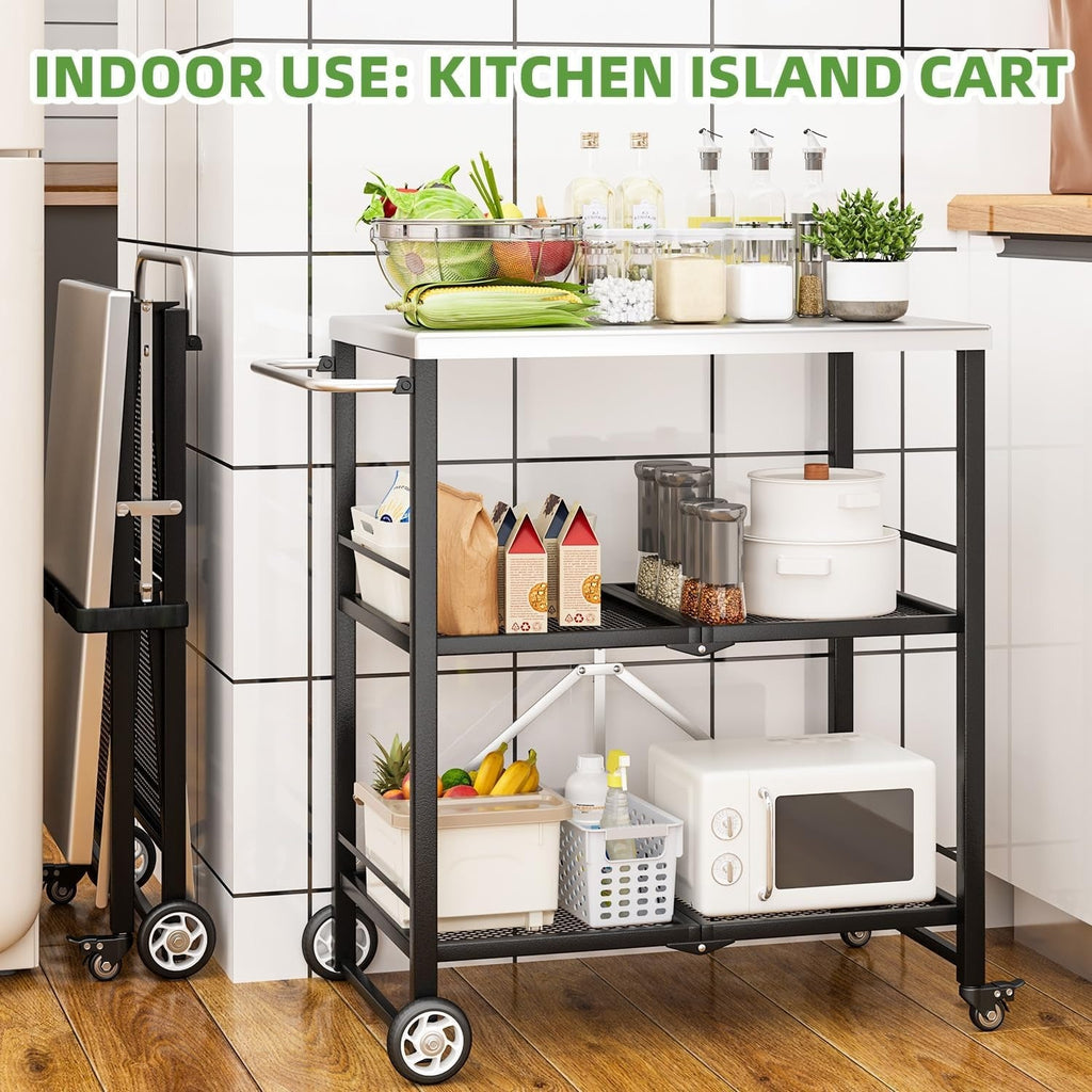 YODOLLA Foldable Stainless Steel Grill Cart Table with Wheels, Silverbest