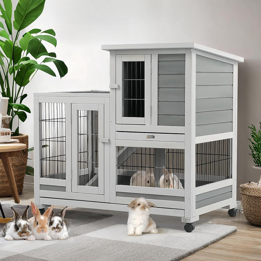 YODOLLA 37" Rabbit Cage with Wheels, Gray