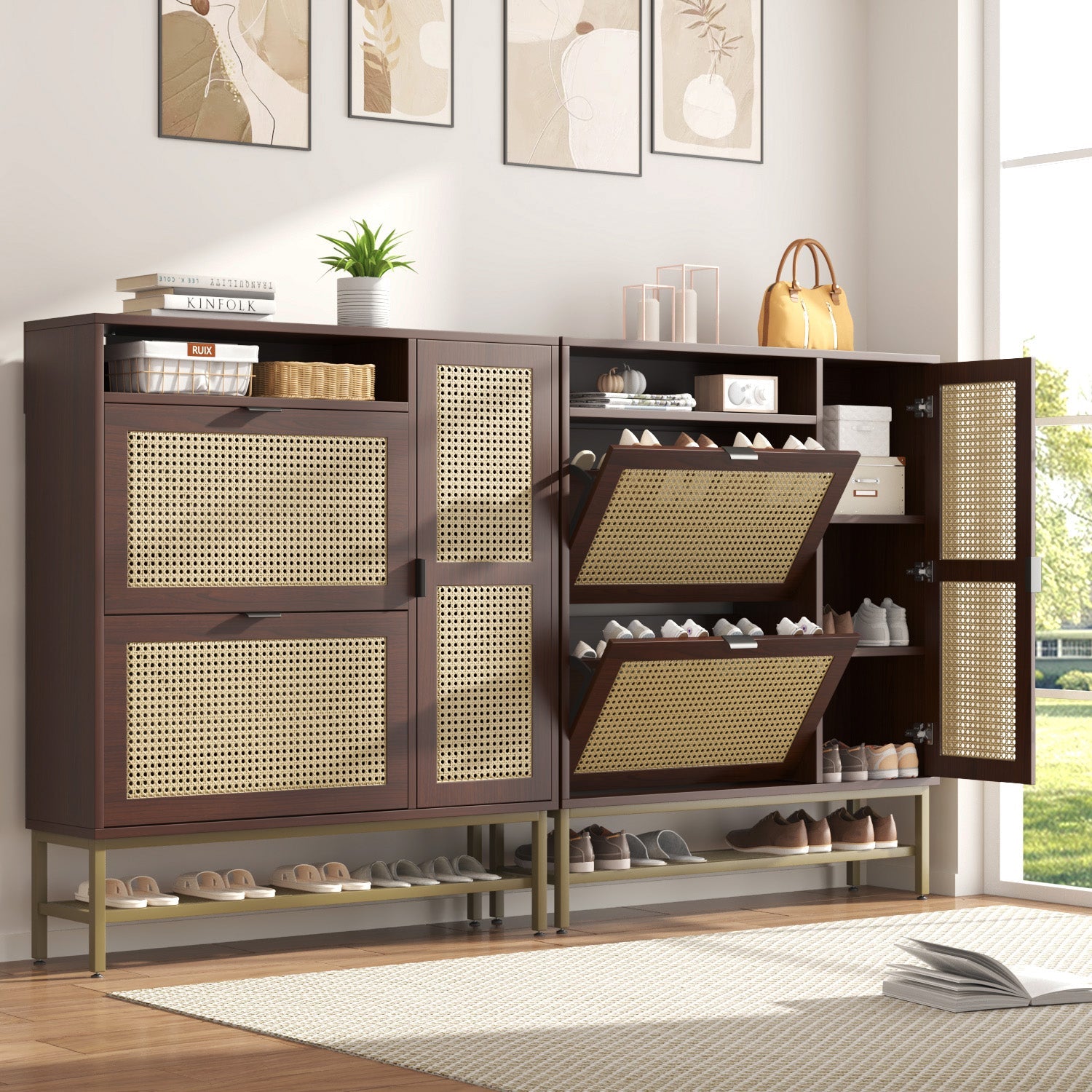 YODOLLA Rattan Shoe Cabinet with 3 Flip Drawers, Brownbest