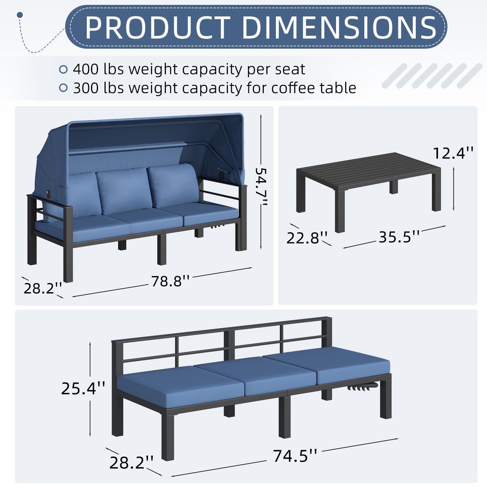 YODOLLA Patio Furniture Set with Retractable Canopy, Dark Bluebest