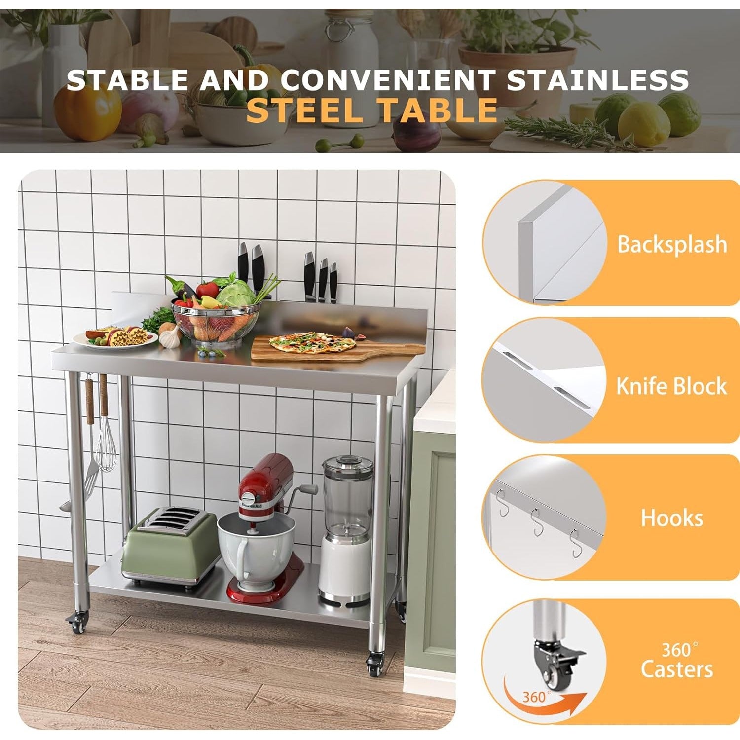 YODOLLA Stainless Steel Table with Backsplash 48"x18" Prep Tables for Commercial Kitchenbest