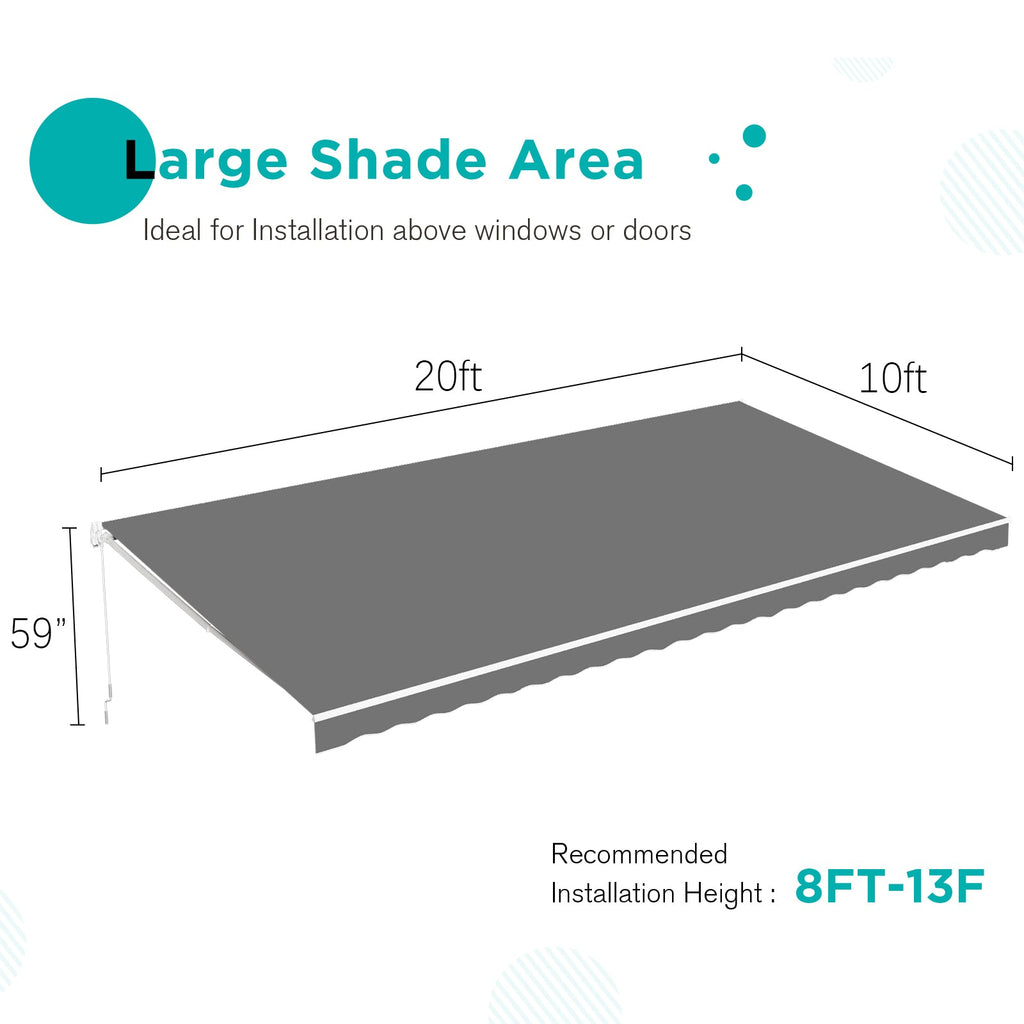 YODOLLA 20'×10' Manual Retractable Awning Sun Shade Patio