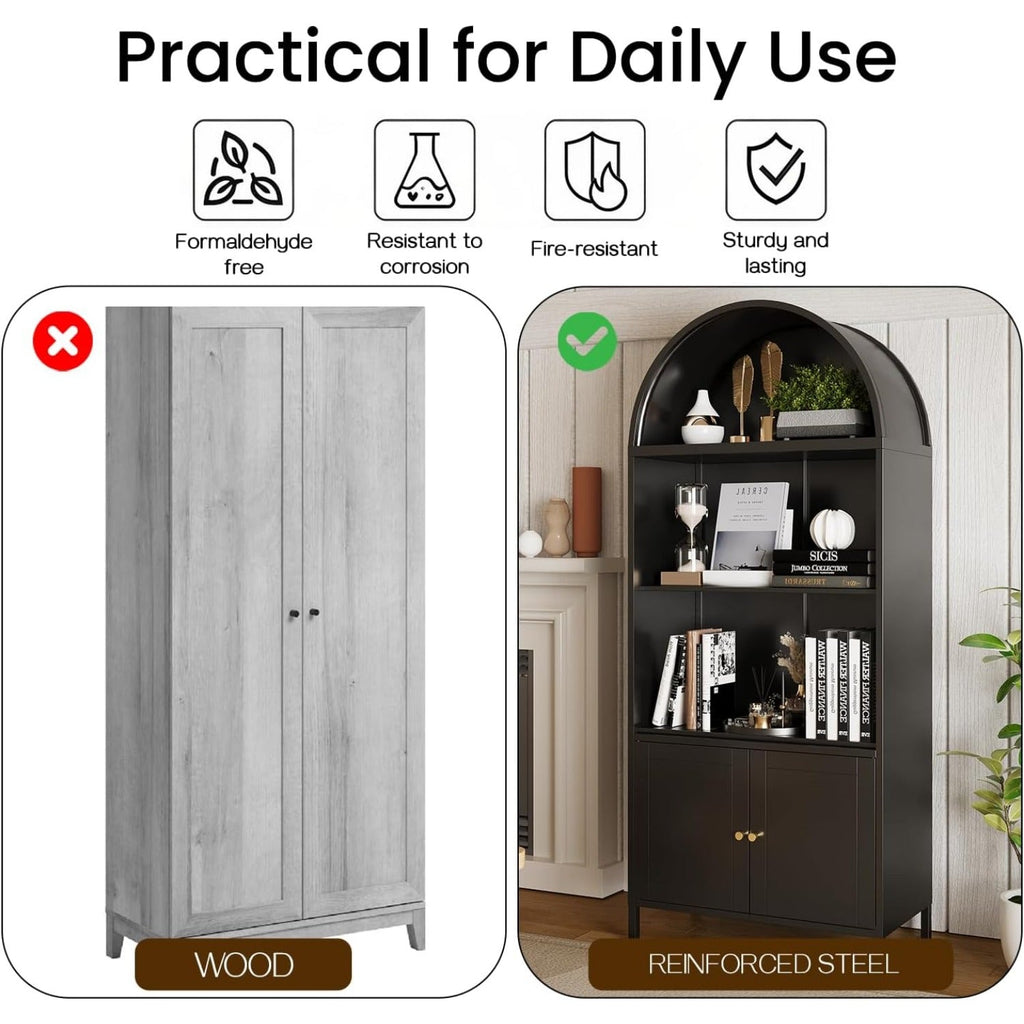 YODOLLA 73'' Arched Cabinet, Metal Kitchen Pantry with Adjustable Shelves, Modern Arched Storage Bookcase Display Cabinetbest