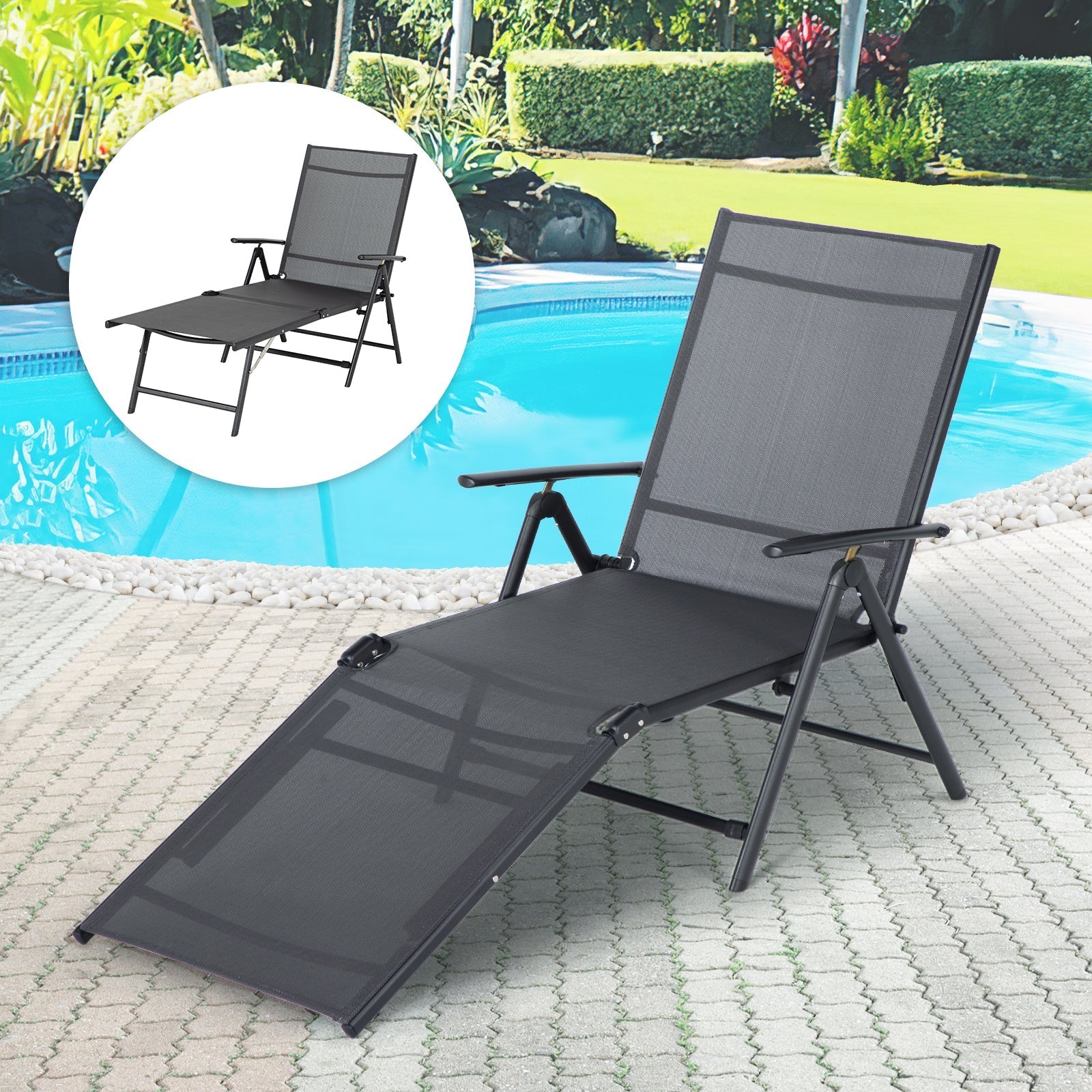 YODOLLA 7 Back & 2 Leg Adjustable Outdoor Chaise Lounge Chair, Grey