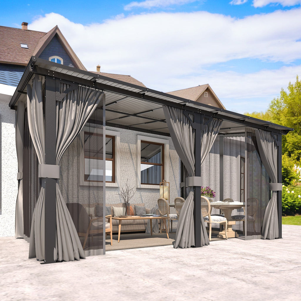 YODOLLA 14’ x 10’ Wall-Mounted Lean to Pergola Gazebo with Curtains and Netting