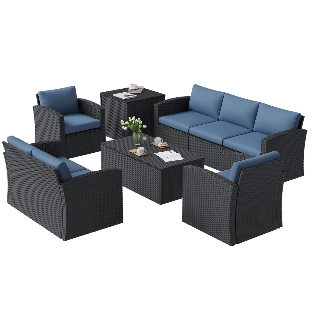 YODOLLA 7 PCS Outdoor Patio Furniture Sets with 2 Storage Boxes, Black & Dark Blue