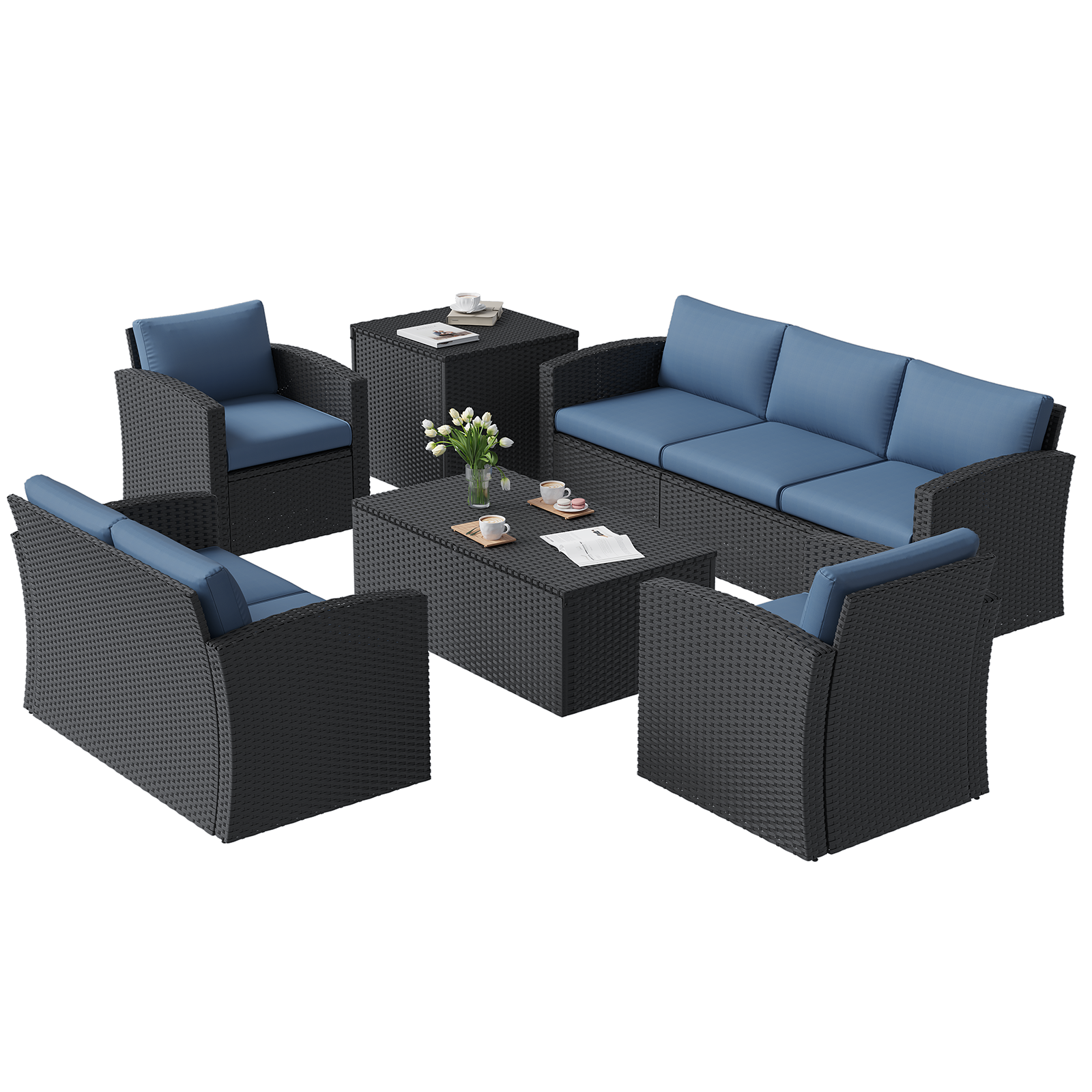 YODOLLA 7 PCS Outdoor Patio Furniture Sets with 2 Storage Boxes, Black & Dark Blue