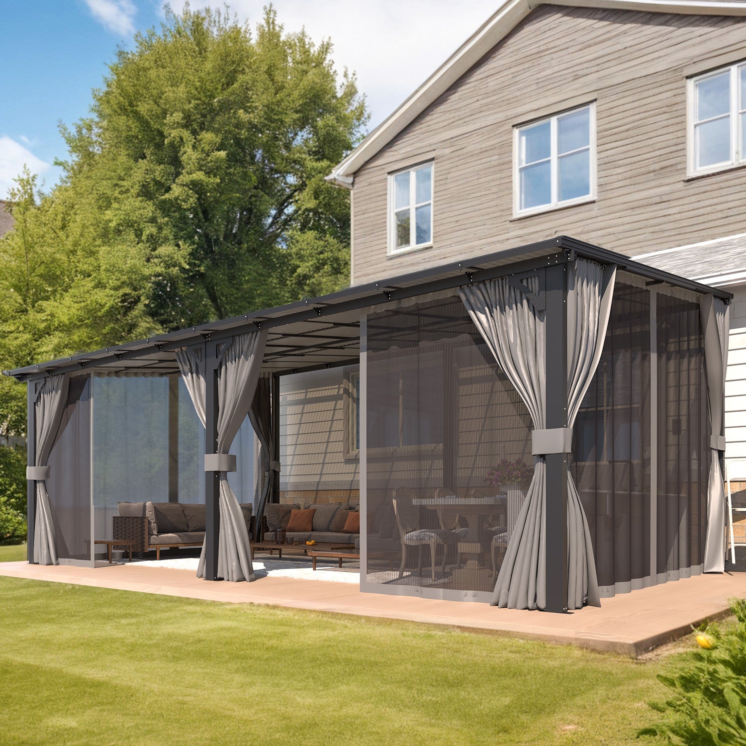 YODOLLA 20’ x 12’ Wall-Mounted Lean to Pergola Gazebo with Curtains and Nettingbest