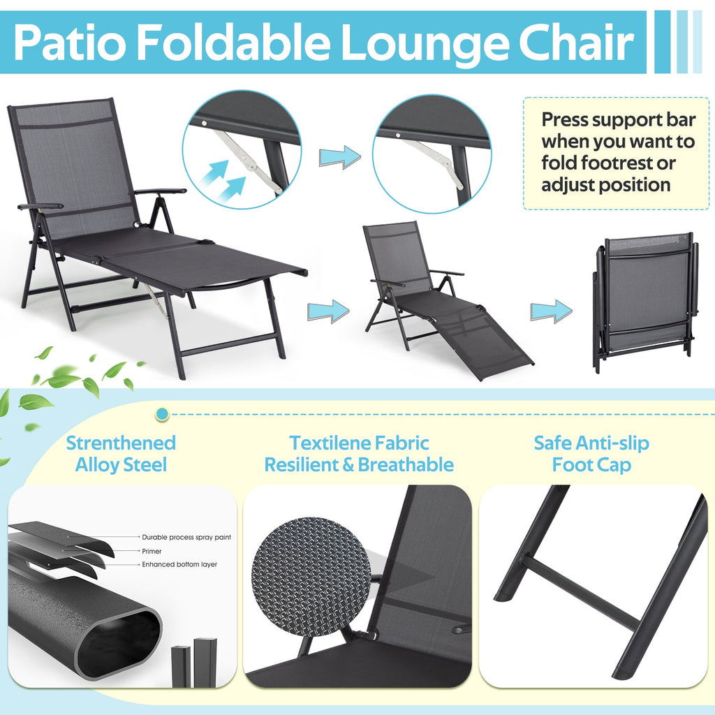 YODOLLA 7 Back & 2 Leg Adjustable Outdoor Chaise Lounge Chair, Grey