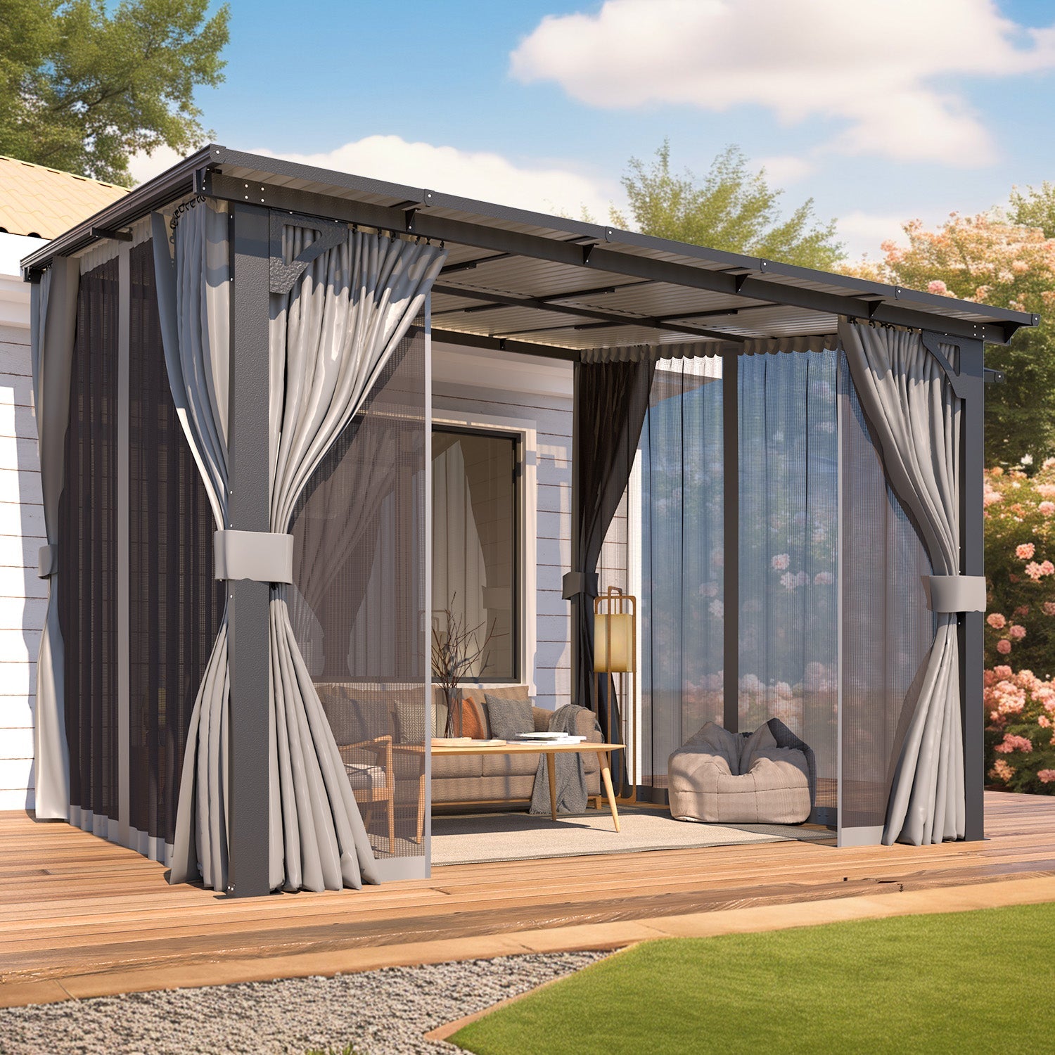 YODOLLA 10’ x 10’ Wall-Mounted Lean to Pergola Gazebo with Curtains and Netting